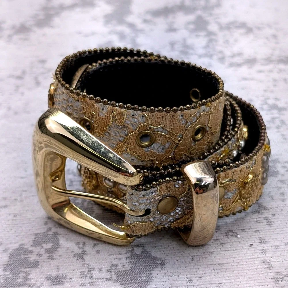 Vintage Gold Lace Silver Glitter Studded Western Boho Belt Gold Buckle 32.5in